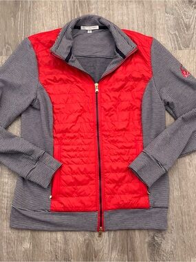 Fairway & Greene Red Quilted Front Striped Sleeve Puffer Jacket Augusta Full Zip